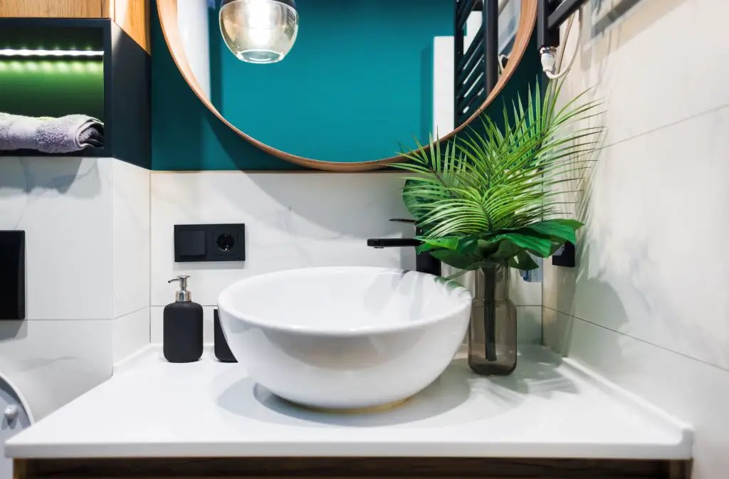 Washbasin in a modern bathroom with ornamental plants and bathroom accessories.